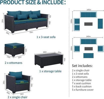 Patio Furniture Set 6 Pieces Couch Outdoor Chairs Coffee Table Peacock
